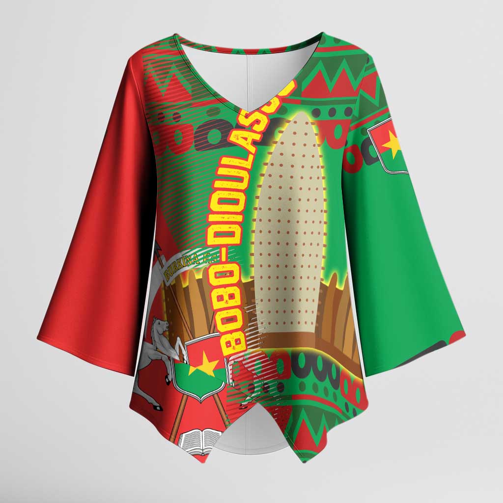 Burkina Faso Kimono Sleeve Blouse with Red Green Tribal Design and Bobo Dioulasso Landmark - Wonder Print Shop