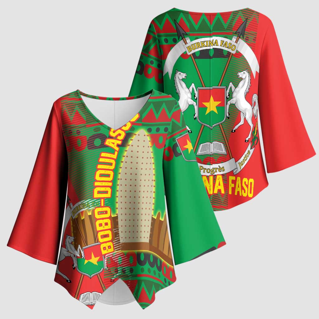 Burkina Faso Kimono Sleeve Blouse with Red Green Tribal Design and Bobo Dioulasso Landmark - Wonder Print Shop