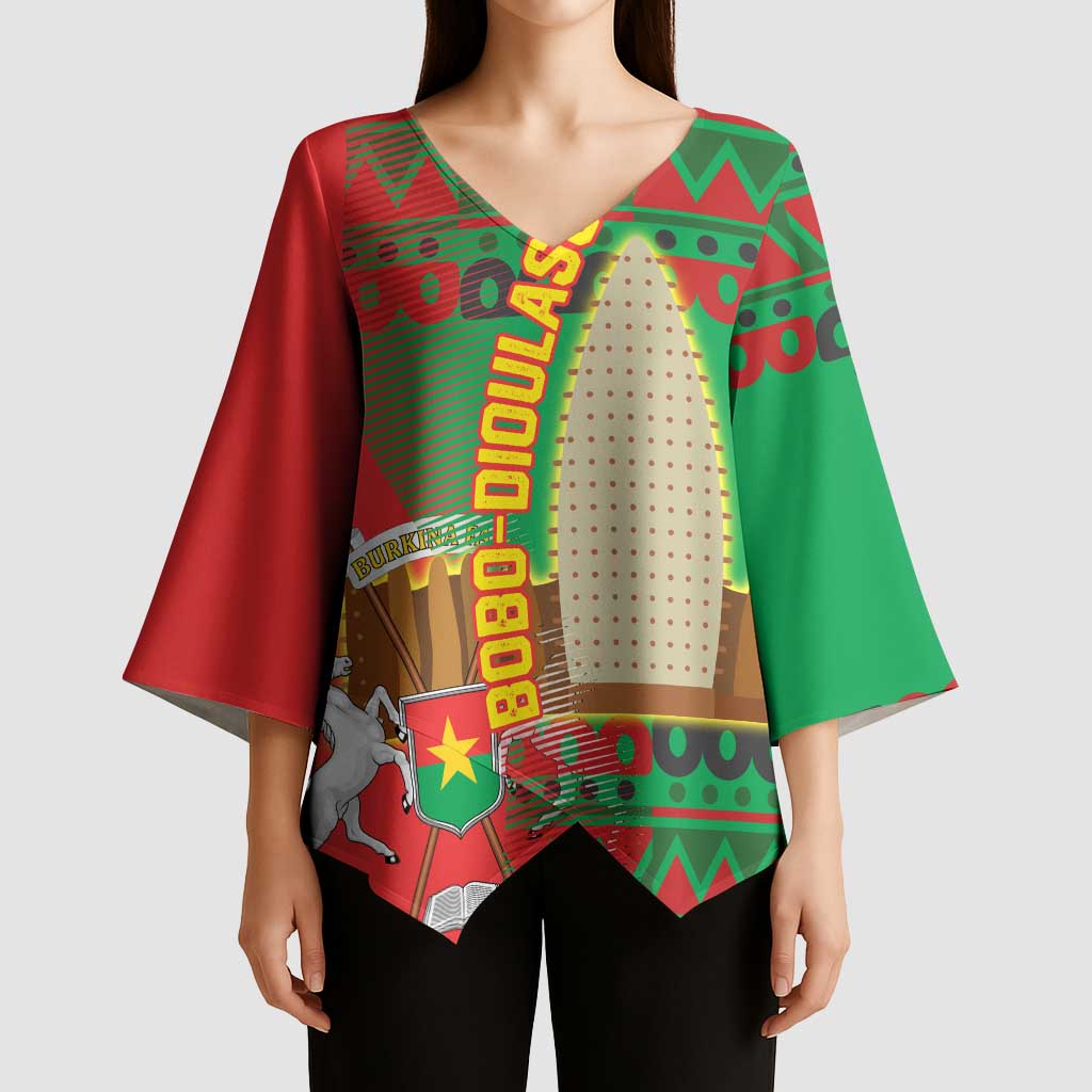 Burkina Faso Kimono Sleeve Blouse with Red Green Tribal Design and Bobo Dioulasso Landmark - Wonder Print Shop