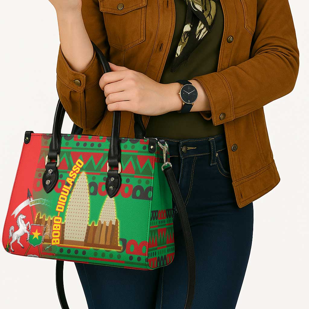 Burkina Faso Leather Bag with Red Green Tribal Design and Bobo Dioulasso Landmark - Wonder Print Shop