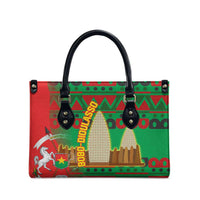 Burkina Faso Leather Bag with Red Green Tribal Design and Bobo Dioulasso Landmark - Wonder Print Shop