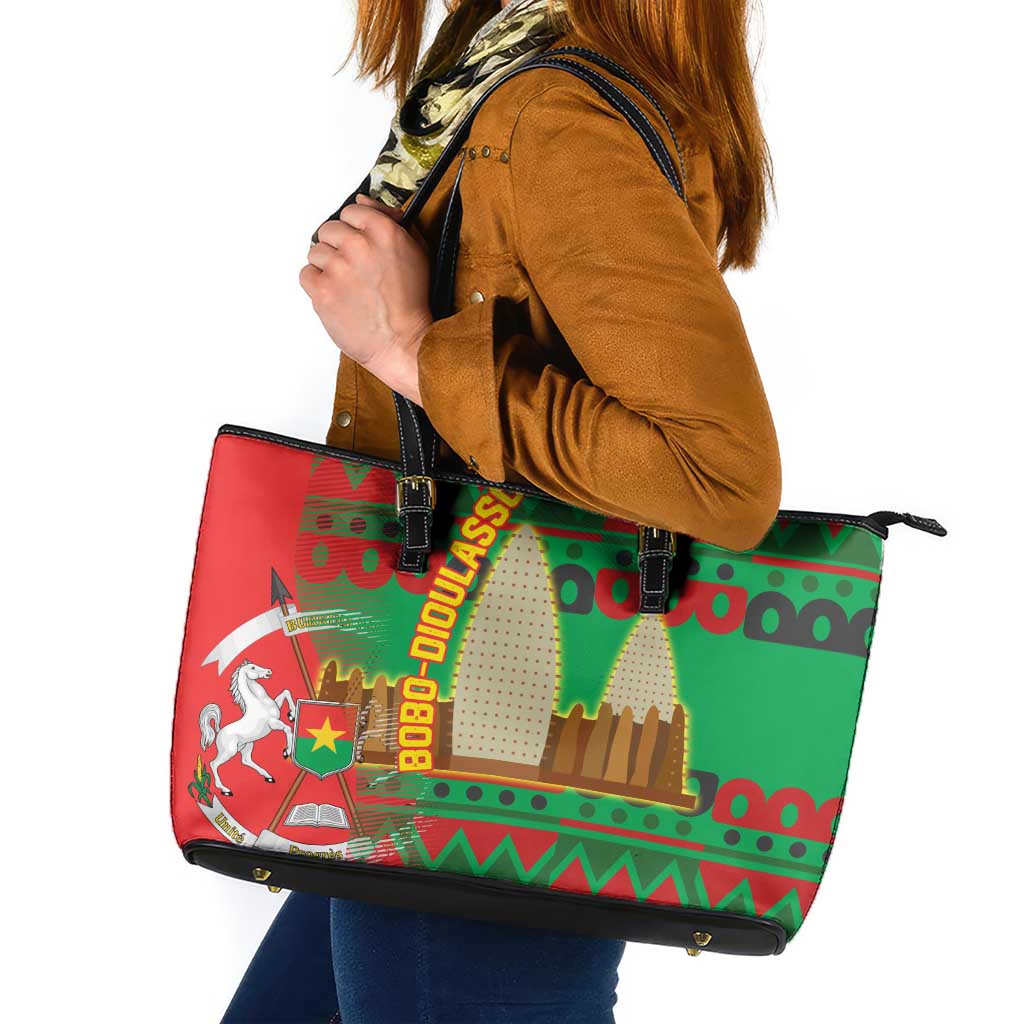 Burkina Faso Leather Tote Bag with Red Green Tribal Design and Bobo Dioulasso Landmark - Wonder Print Shop