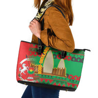 Burkina Faso Leather Tote Bag with Red Green Tribal Design and Bobo Dioulasso Landmark - Wonder Print Shop