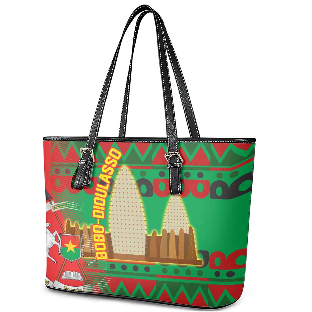 Burkina Faso Leather Tote Bag with Red Green Tribal Design and Bobo Dioulasso Landmark - Wonder Print Shop