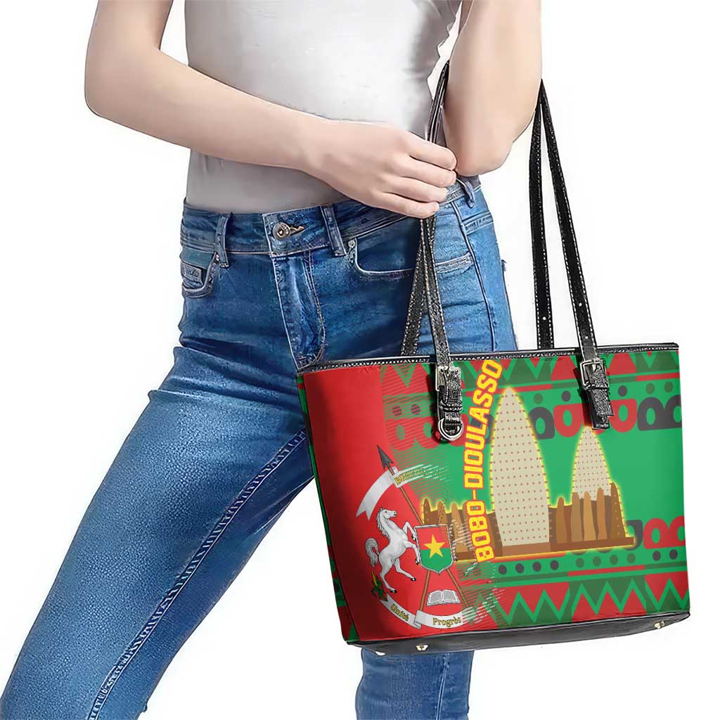 Burkina Faso Leather Tote Bag with Red Green Tribal Design and Bobo Dioulasso Landmark - Wonder Print Shop