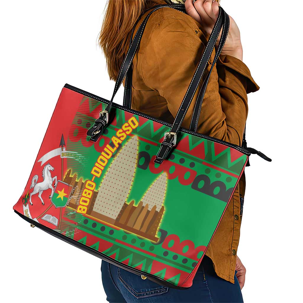 Burkina Faso Leather Tote Bag with Red Green Tribal Design and Bobo Dioulasso Landmark - Wonder Print Shop
