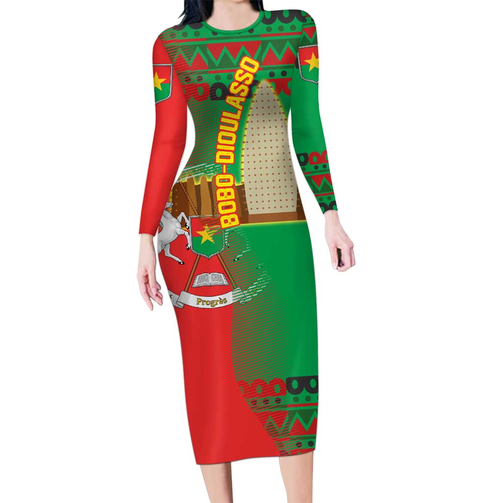 Burkina Faso Long Sleeve Bodycon Dress with Red Green Tribal Design and Bobo Dioulasso Landmark - Wonder Print Shop