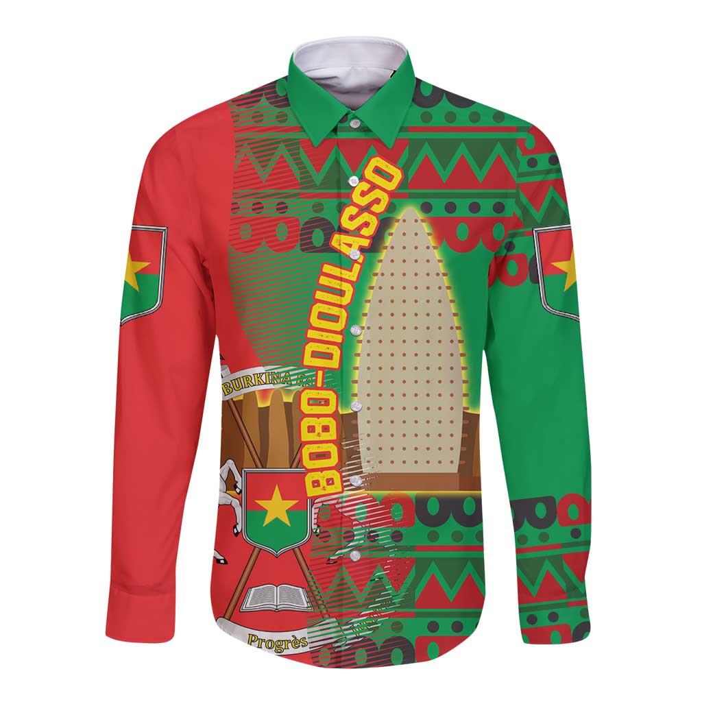 Burkina Faso Long Sleeve Button Shirt with Red Green Tribal Design and Bobo Dioulasso Landmark - Wonder Print Shop