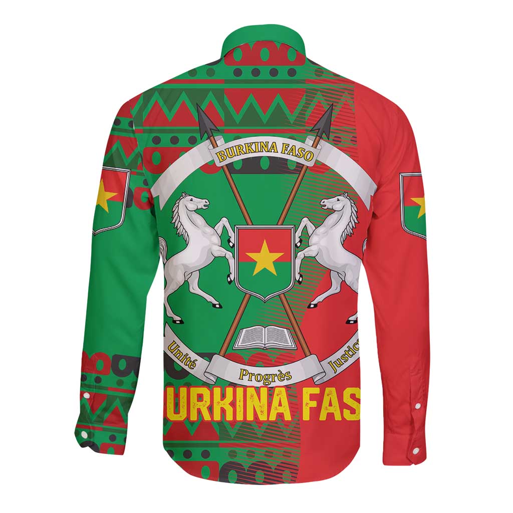 Burkina Faso Long Sleeve Button Shirt with Red Green Tribal Design and Bobo Dioulasso Landmark - Wonder Print Shop