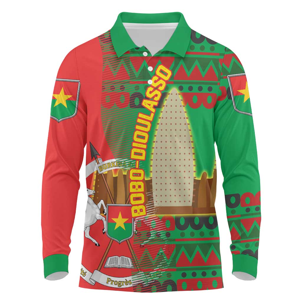 Burkina Faso Long Sleeve Polo Shirt with Red Green Tribal Design and Bobo Dioulasso Landmark - Wonder Print Shop