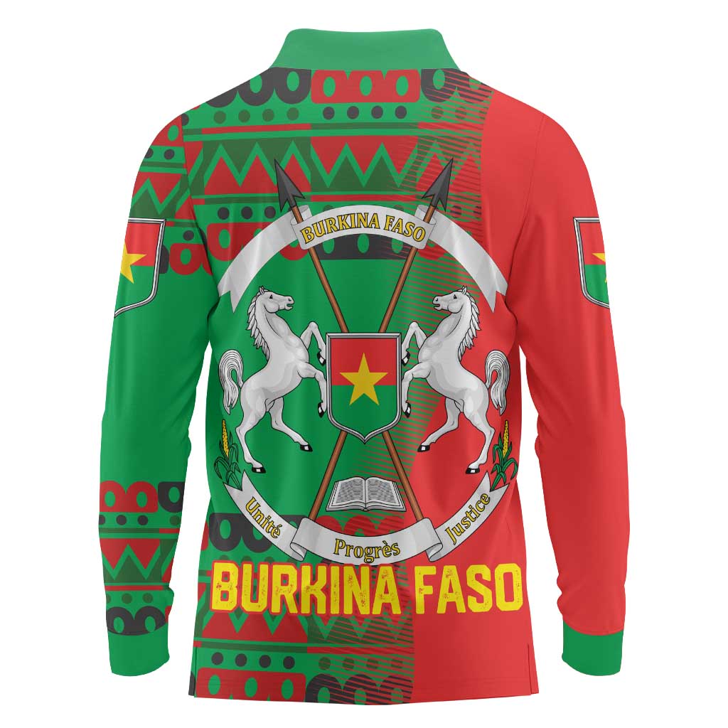 Burkina Faso Long Sleeve Polo Shirt with Red Green Tribal Design and Bobo Dioulasso Landmark - Wonder Print Shop