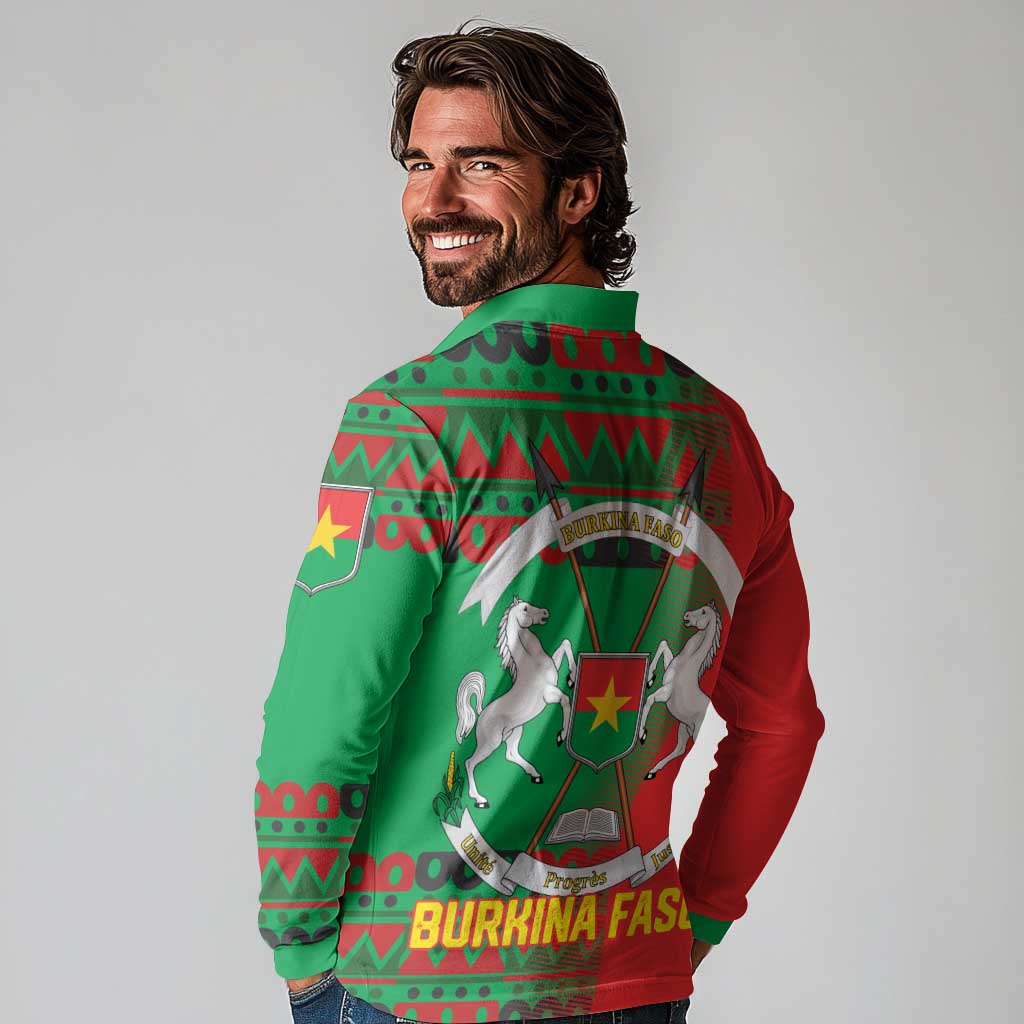 Burkina Faso Long Sleeve Polo Shirt with Red Green Tribal Design and Bobo Dioulasso Landmark - Wonder Print Shop