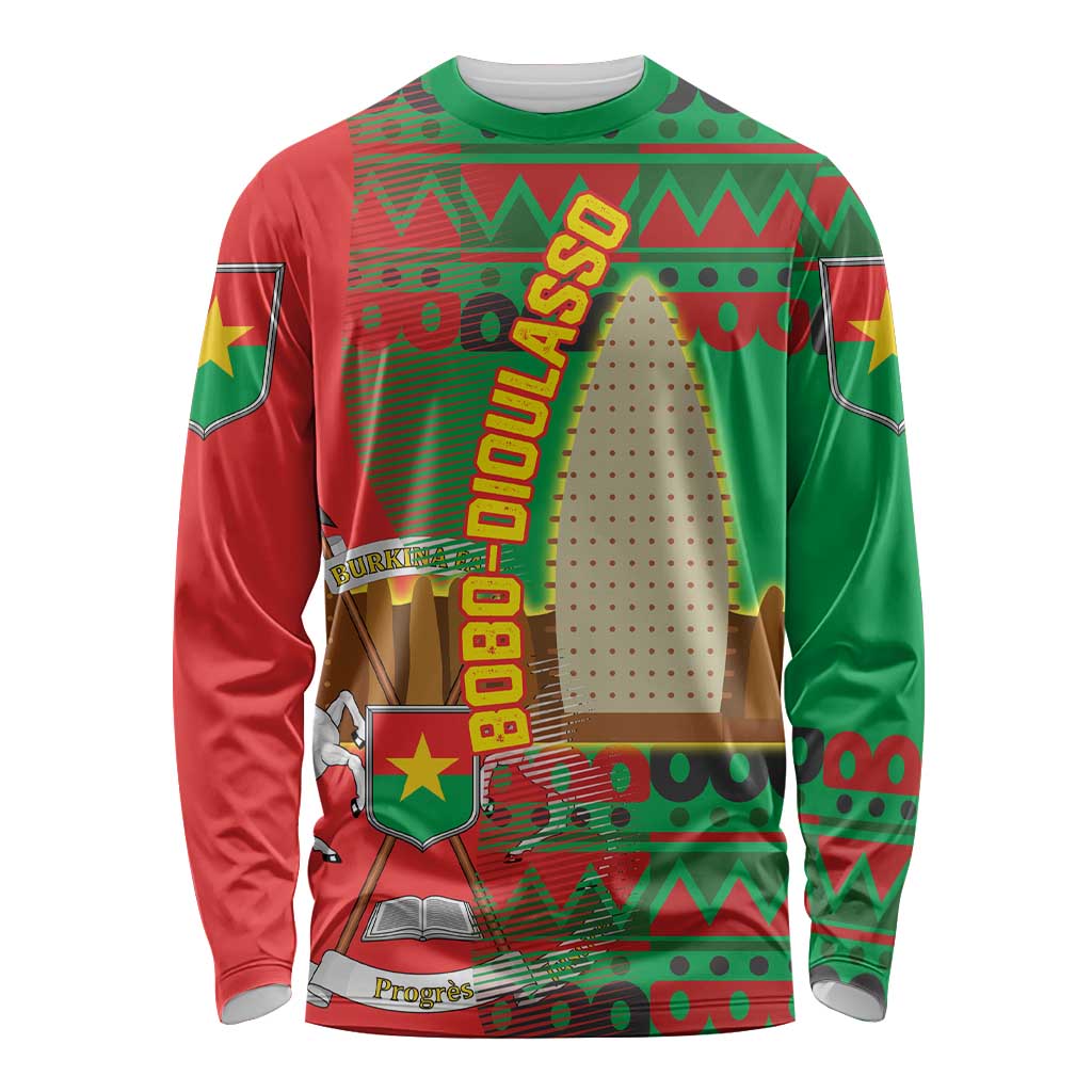 Burkina Faso Long Sleeve Shirt with Red Green Tribal Design and Bobo Dioulasso Landmark - Wonder Print Shop