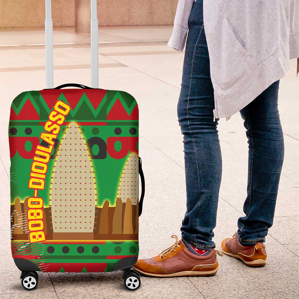 Burkina Faso Luggage Cover with Red Green Tribal Design and Bobo Dioulasso Landmark - Wonder Print Shop