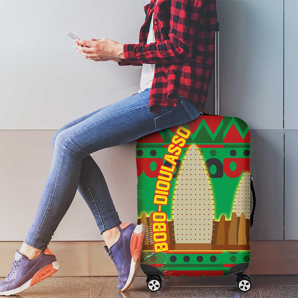 Burkina Faso Luggage Cover with Red Green Tribal Design and Bobo Dioulasso Landmark - Wonder Print Shop