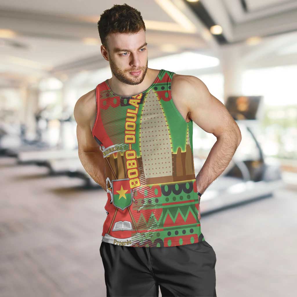 Burkina Faso Men Tank Top with Red Green Tribal Design and Bobo Dioulasso Landmark - Wonder Print Shop