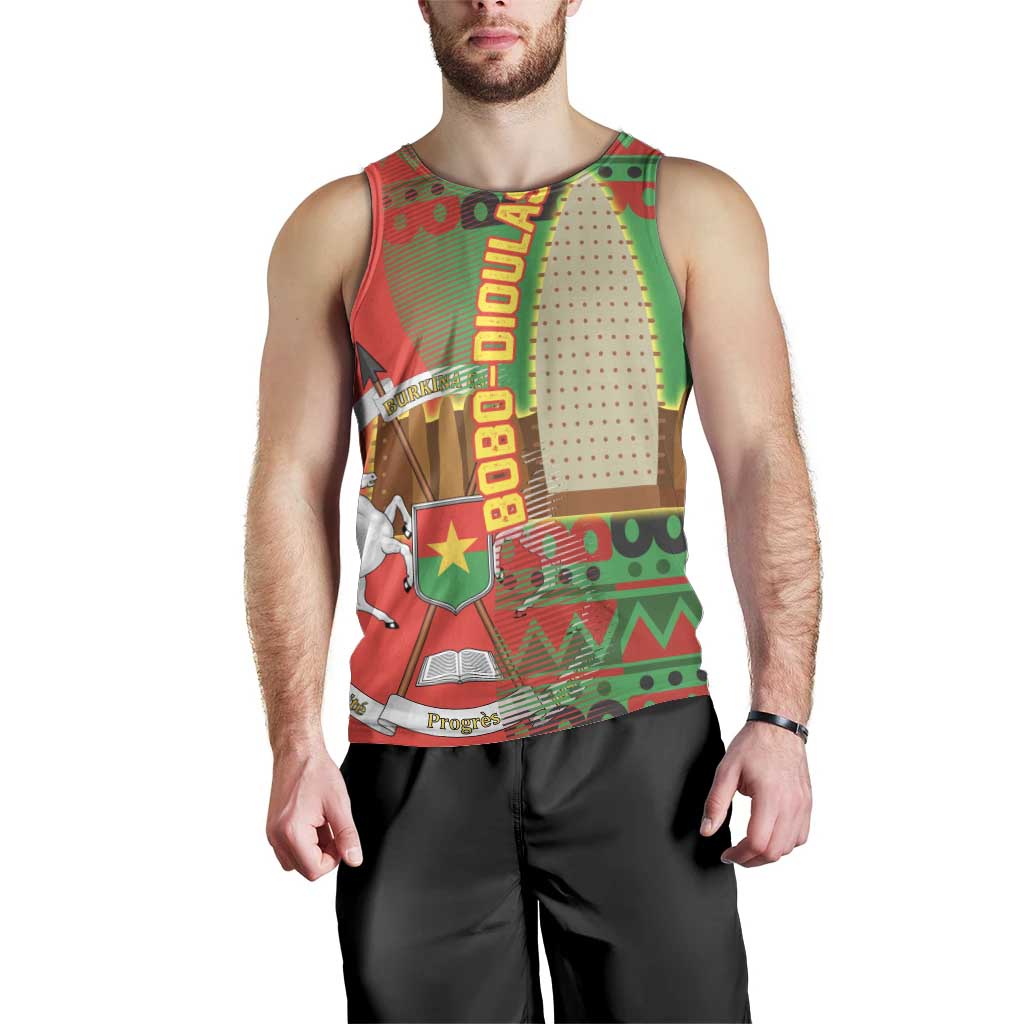 Burkina Faso Men Tank Top with Red Green Tribal Design and Bobo Dioulasso Landmark - Wonder Print Shop