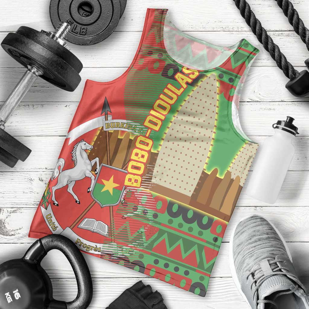 Burkina Faso Men Tank Top with Red Green Tribal Design and Bobo Dioulasso Landmark - Wonder Print Shop