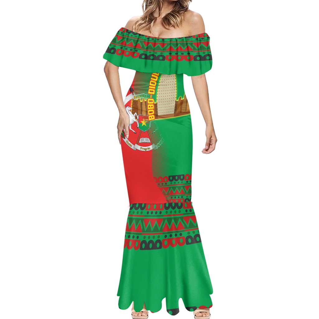 Burkina Faso Mermaid Dress with Red Green Tribal Design and Bobo Dioulasso Landmark - Wonder Print Shop