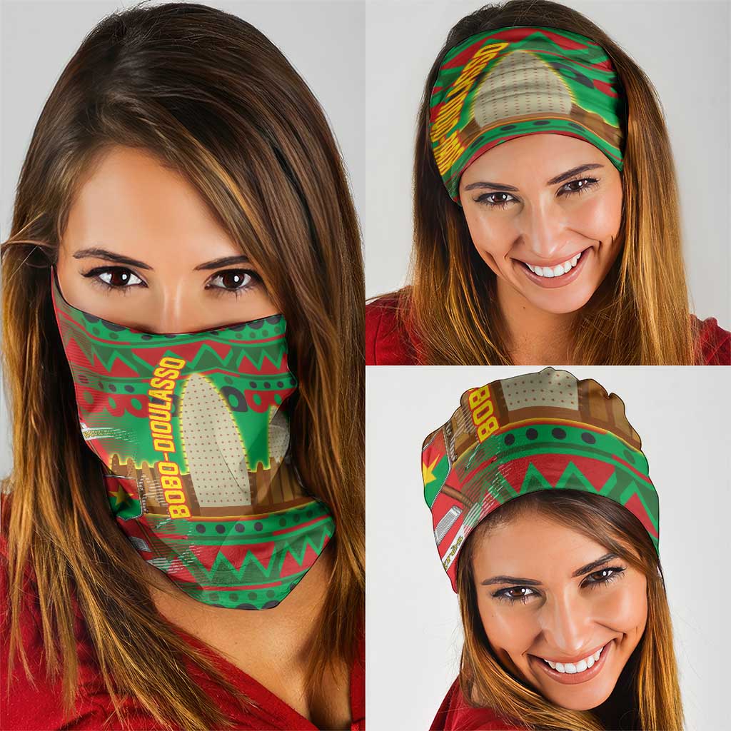 Burkina Faso Neck Gaiter with Red Green Tribal Design and Bobo Dioulasso Landmark TS04
