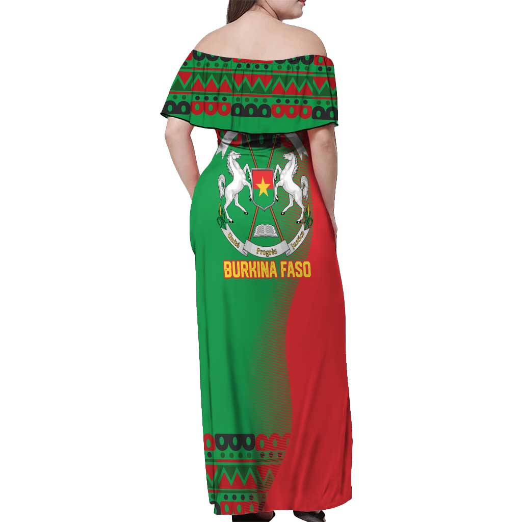 Burkina Faso Off Shoulder Maxi Dress with Red Green Tribal Design and Bobo Dioulasso Landmark - Wonder Print Shop