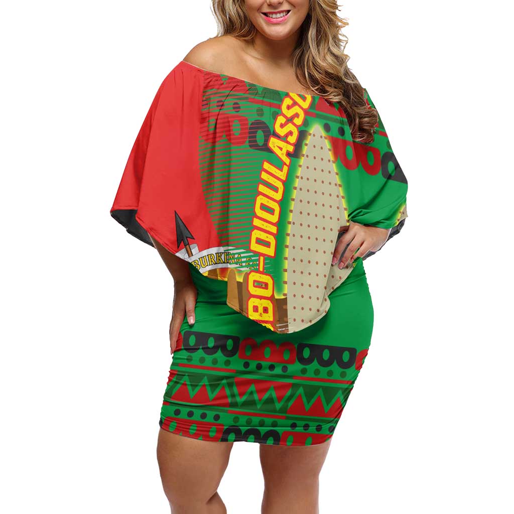 Burkina Faso Off Shoulder Short Dress with Red Green Tribal Design and Bobo Dioulasso Landmark - Wonder Print Shop