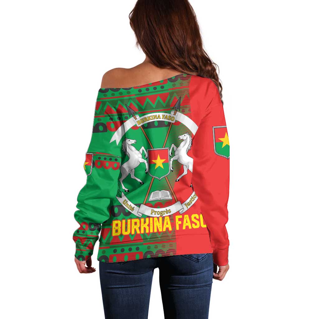 Burkina Faso Off Shoulder Sweater with Red Green Tribal Design and Bobo Dioulasso Landmark - Wonder Print Shop