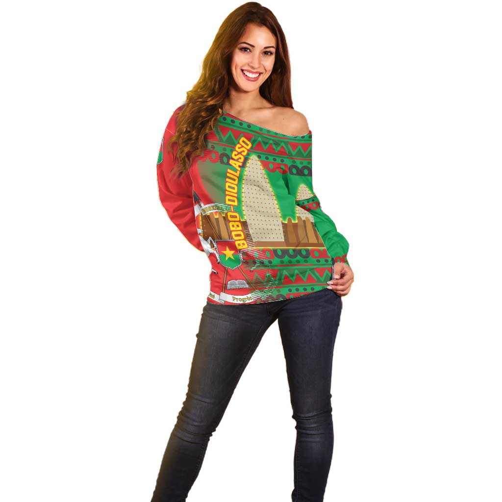 Burkina Faso Off Shoulder Sweater with Red Green Tribal Design and Bobo Dioulasso Landmark - Wonder Print Shop