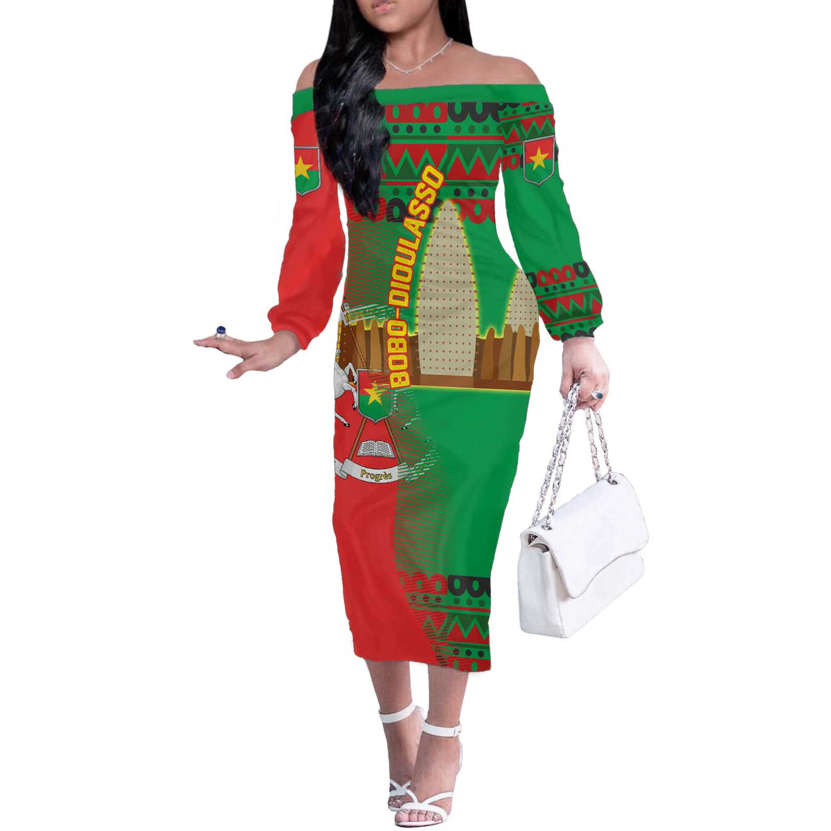 Burkina Faso Off The Shoulder Long Sleeve Dress with Red Green Tribal Design and Bobo Dioulasso Landmark - Wonder Print Shop