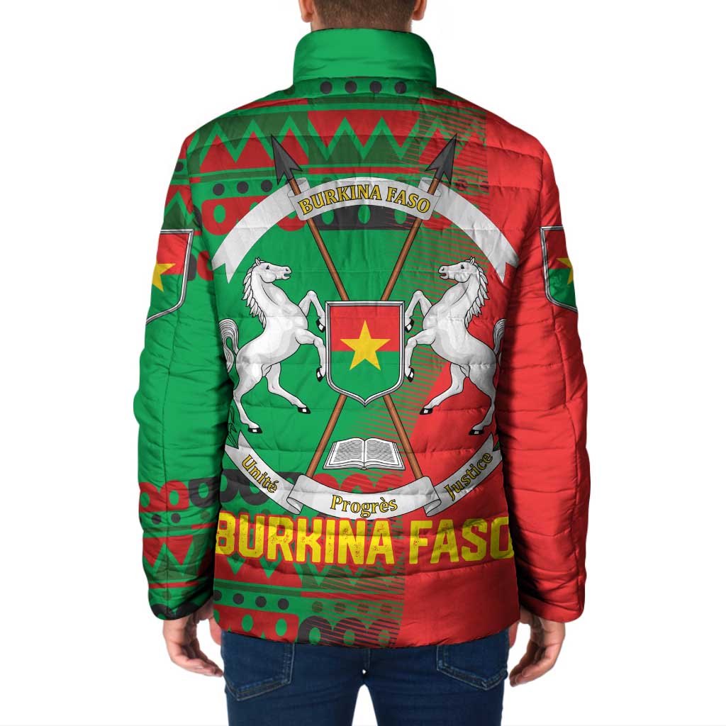 Burkina Faso Padded Jacket with Red Green Tribal Design and Bobo Dioulasso Landmark - Wonder Print Shop