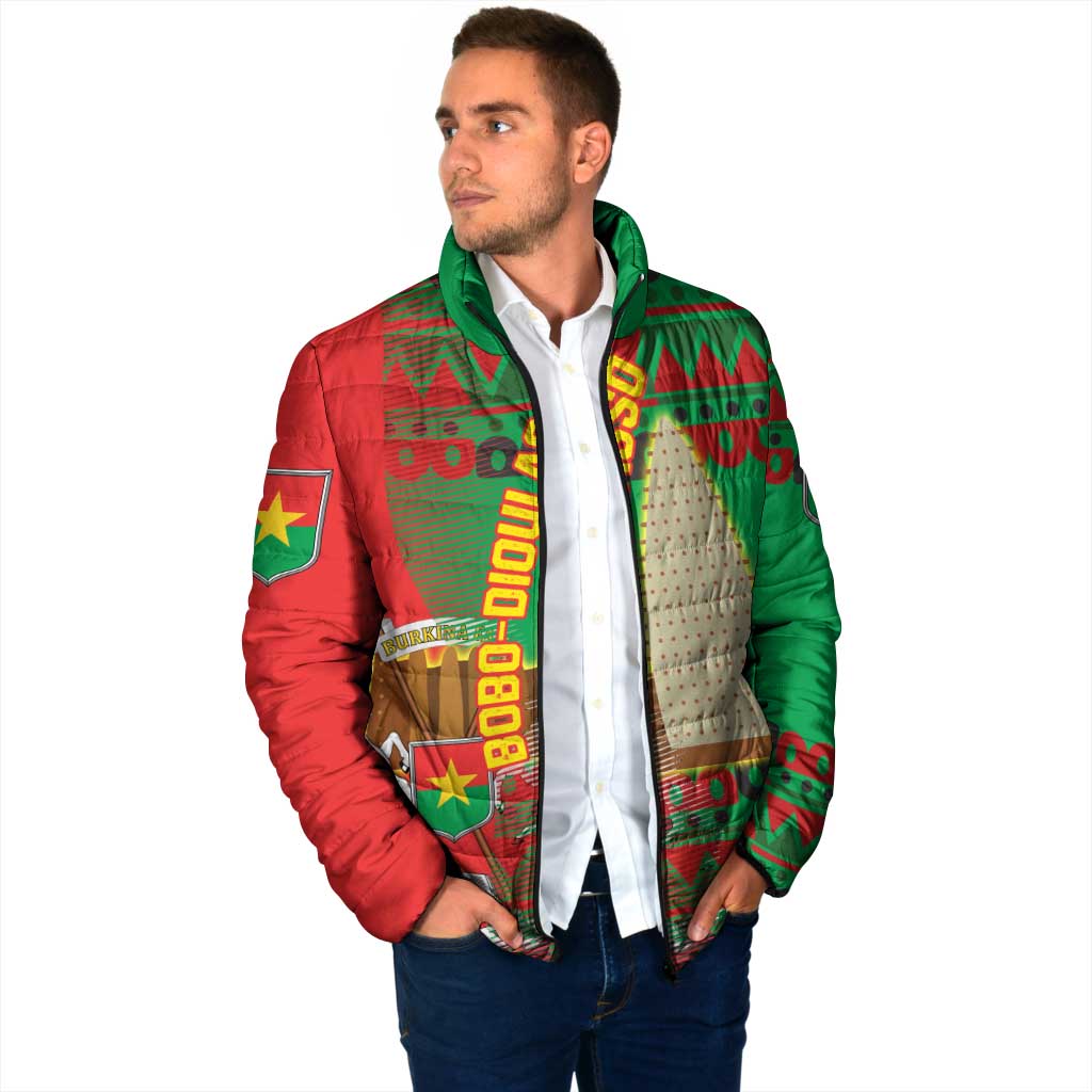 Burkina Faso Padded Jacket with Red Green Tribal Design and Bobo Dioulasso Landmark - Wonder Print Shop