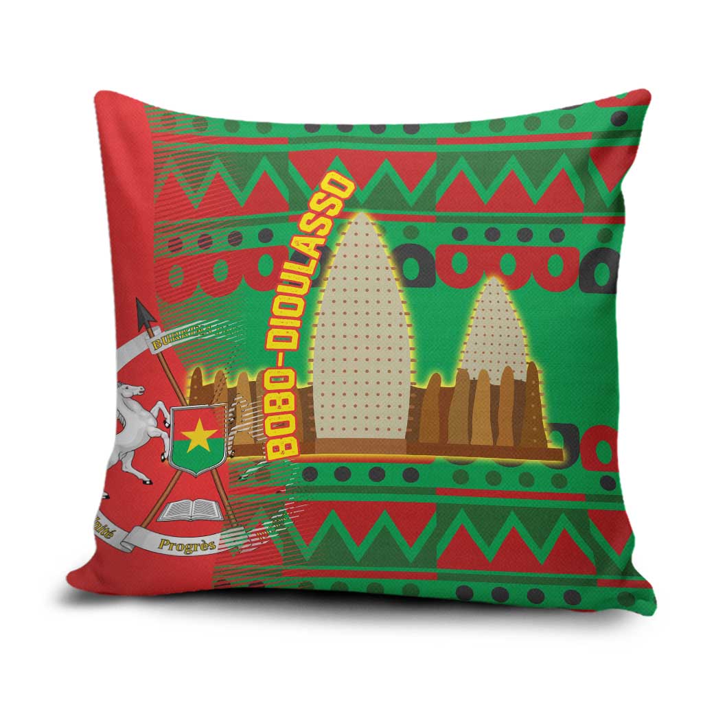 Burkina Faso Pillow Cover with Red Green Tribal Design and Bobo Dioulasso Landmark - Wonder Print Shop
