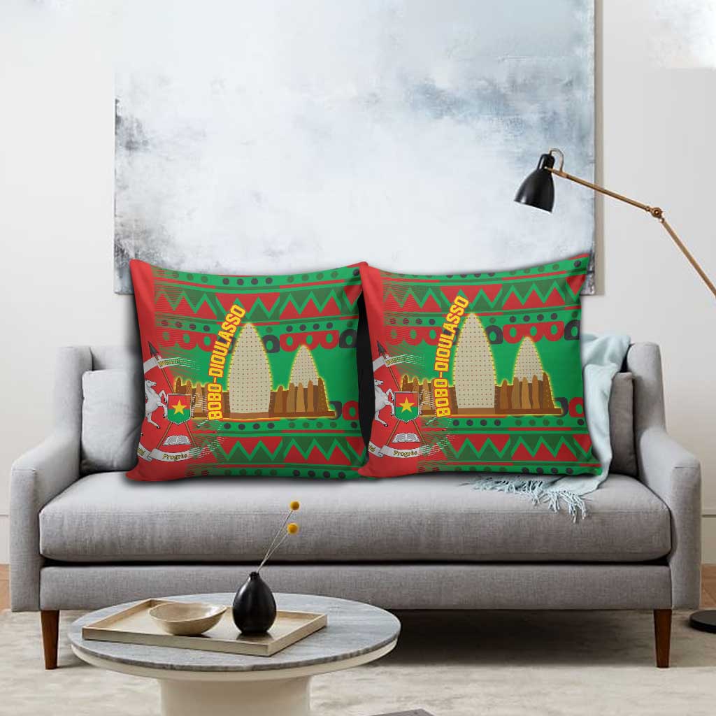 Burkina Faso Pillow Cover with Red Green Tribal Design and Bobo Dioulasso Landmark - Wonder Print Shop
