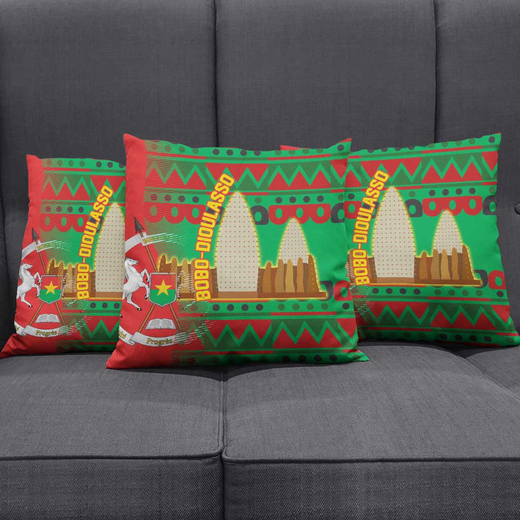 Burkina Faso Pillow Cover with Red Green Tribal Design and Bobo Dioulasso Landmark - Wonder Print Shop