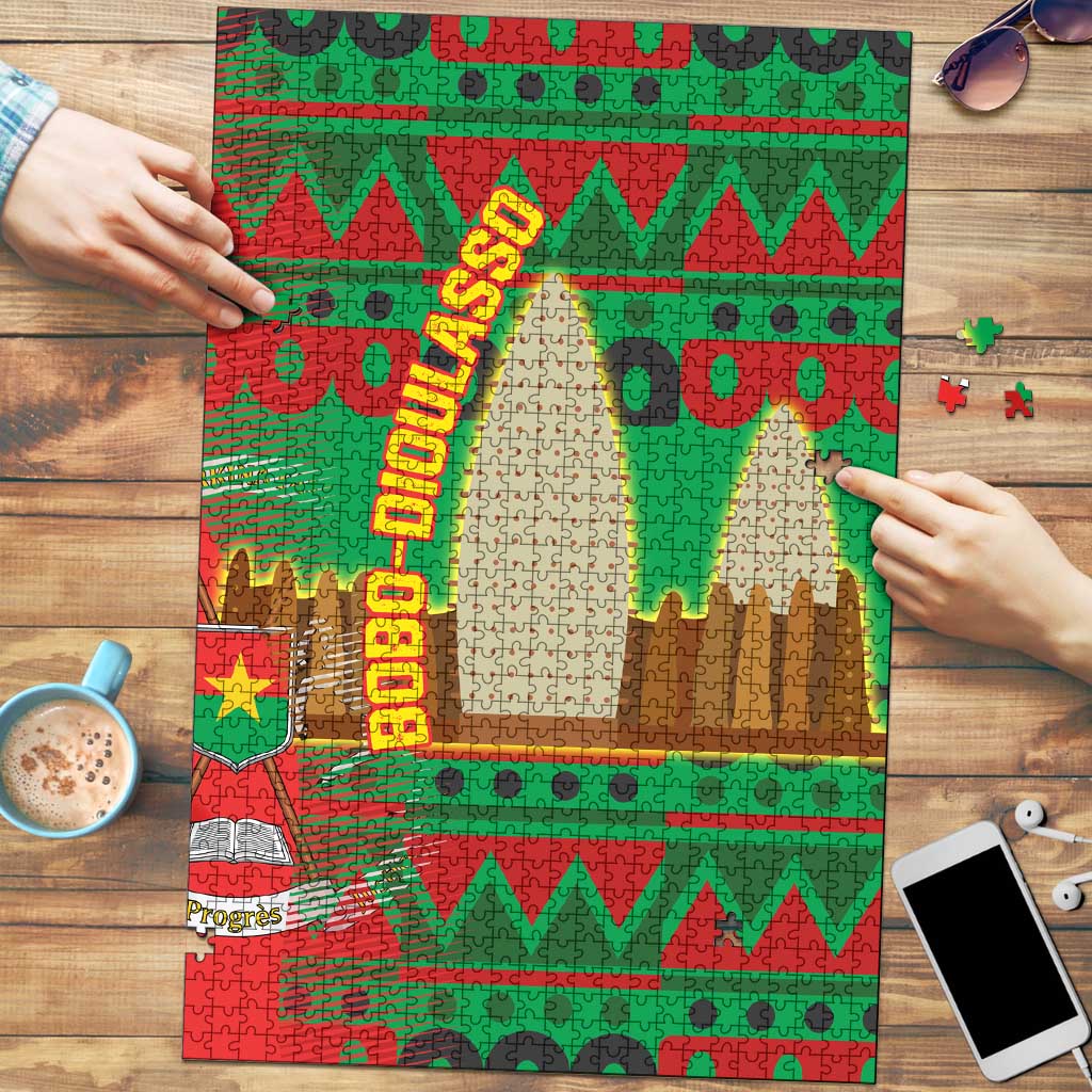 Burkina Faso Puzzle with Red Green Tribal Design and Bobo Dioulasso Landmark - Wonder Print Shop
