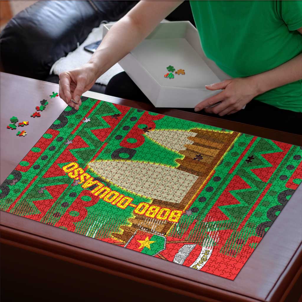Burkina Faso Puzzle with Red Green Tribal Design and Bobo Dioulasso Landmark - Wonder Print Shop