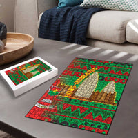Burkina Faso Puzzle with Red Green Tribal Design and Bobo Dioulasso Landmark - Wonder Print Shop