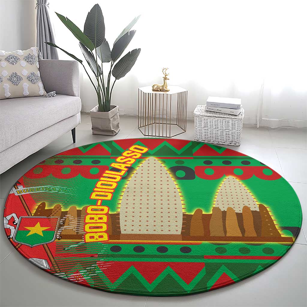 Burkina Faso Round Carpet with Red Green Tribal Design and Bobo Dioulasso Landmark - Wonder Print Shop
