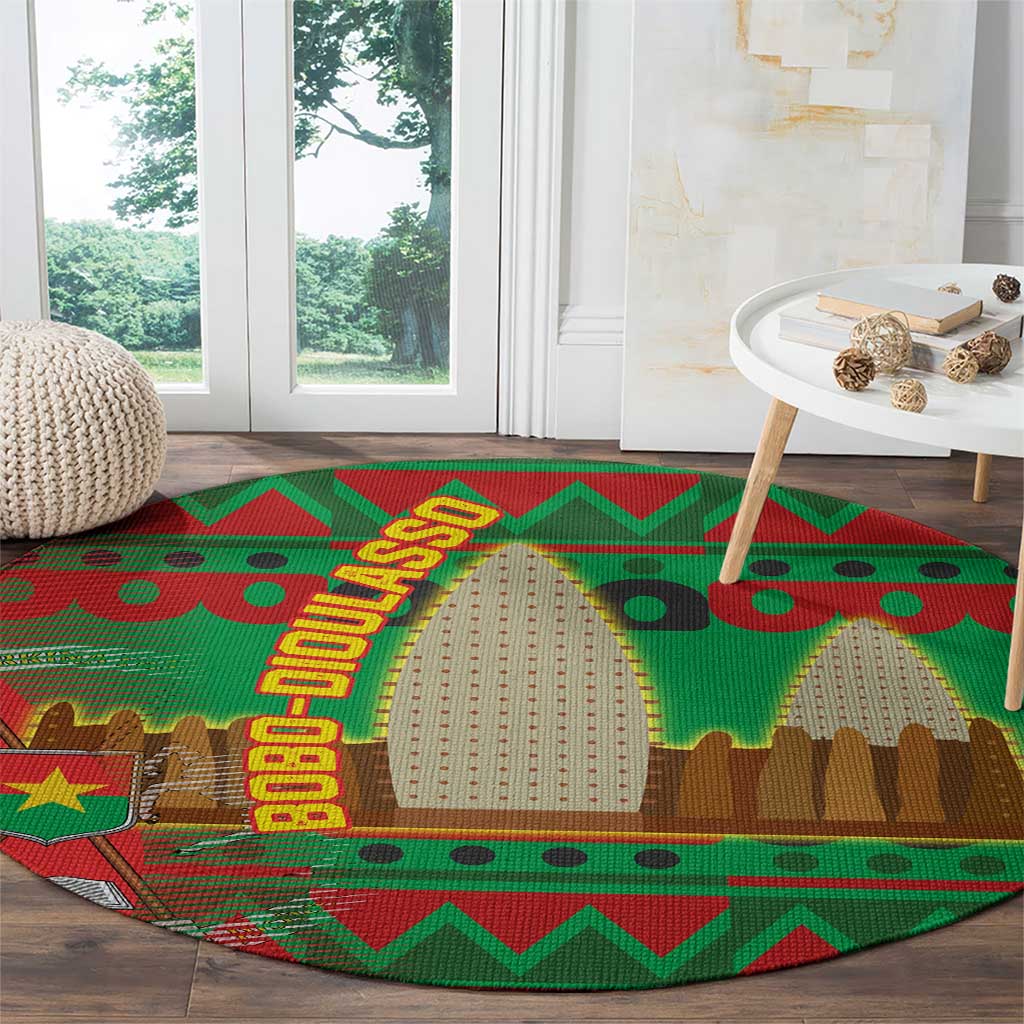 Burkina Faso Round Carpet with Red Green Tribal Design and Bobo Dioulasso Landmark - Wonder Print Shop