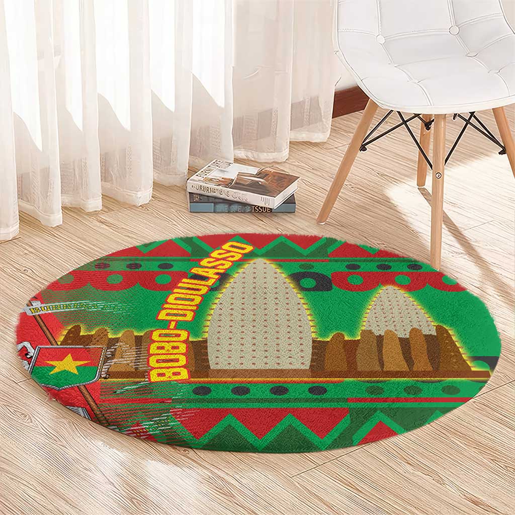 Burkina Faso Round Carpet with Red Green Tribal Design and Bobo Dioulasso Landmark - Wonder Print Shop