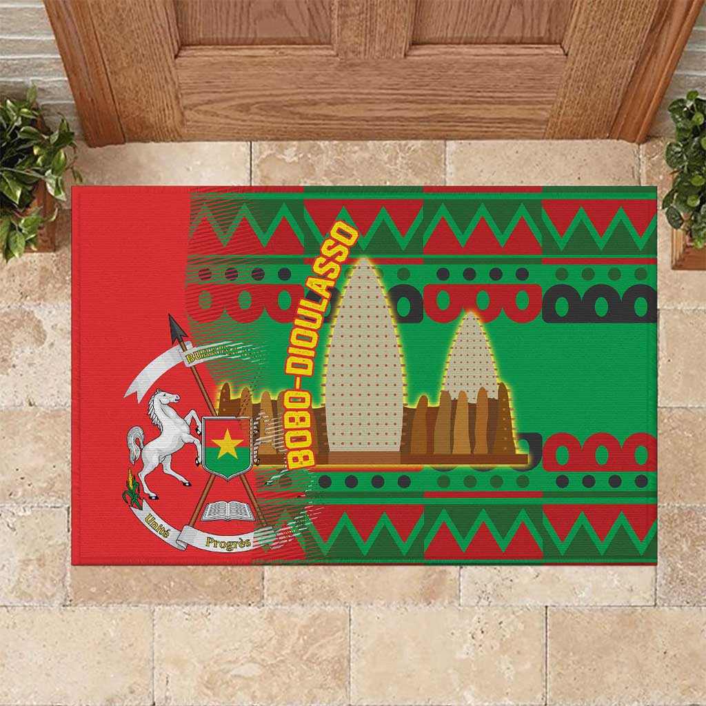 Burkina Faso Rubber Doormat with Red Green Tribal Design and Bobo Dioulasso Landmark - Wonder Print Shop