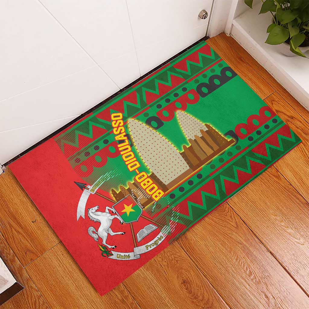 Burkina Faso Rubber Doormat with Red Green Tribal Design and Bobo Dioulasso Landmark - Wonder Print Shop