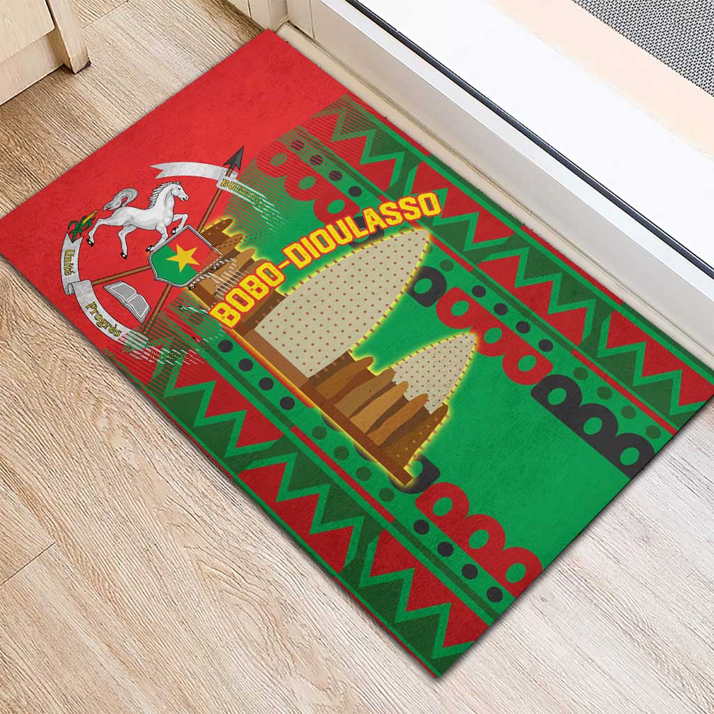 Burkina Faso Rubber Doormat with Red Green Tribal Design and Bobo Dioulasso Landmark - Wonder Print Shop