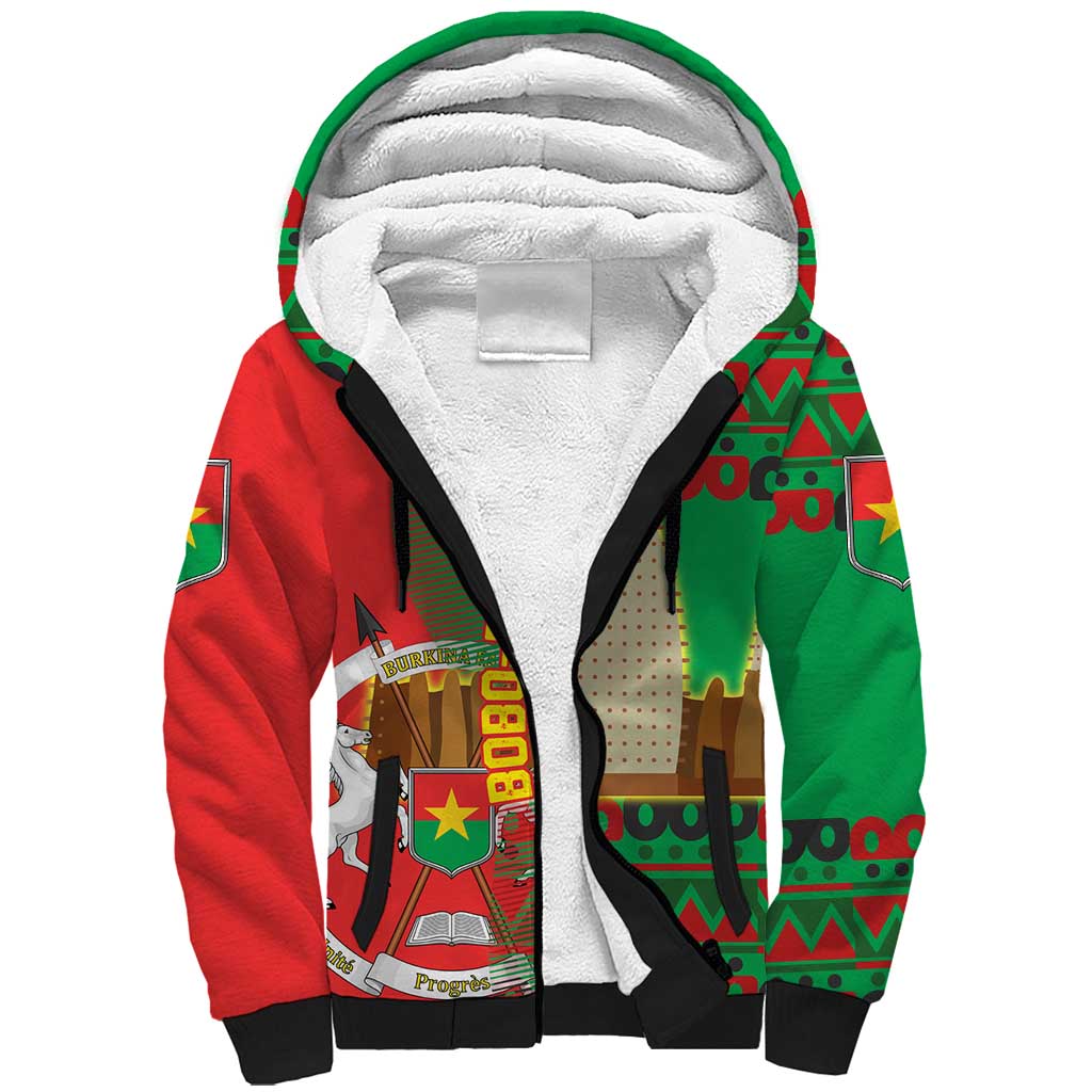 Burkina Faso Sherpa Hoodie with Red Green Tribal Design and Bobo Dioulasso Landmark - Wonder Print Shop