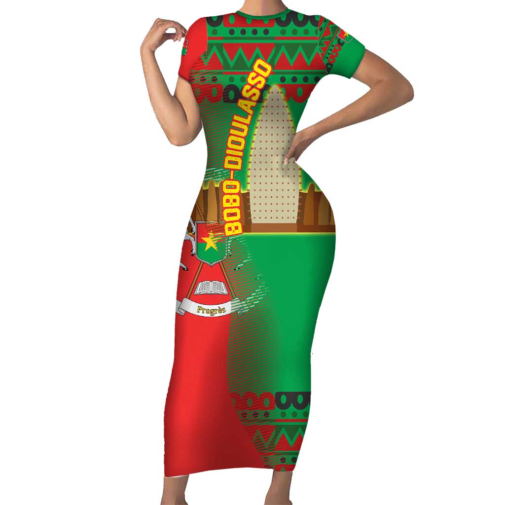 Burkina Faso Short Sleeve Bodycon Dress with Red Green Tribal Design and Bobo Dioulasso Landmark - Wonder Print Shop