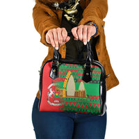 Burkina Faso Shoulder Handbag with Red Green Tribal Design and Bobo Dioulasso Landmark - Wonder Print Shop