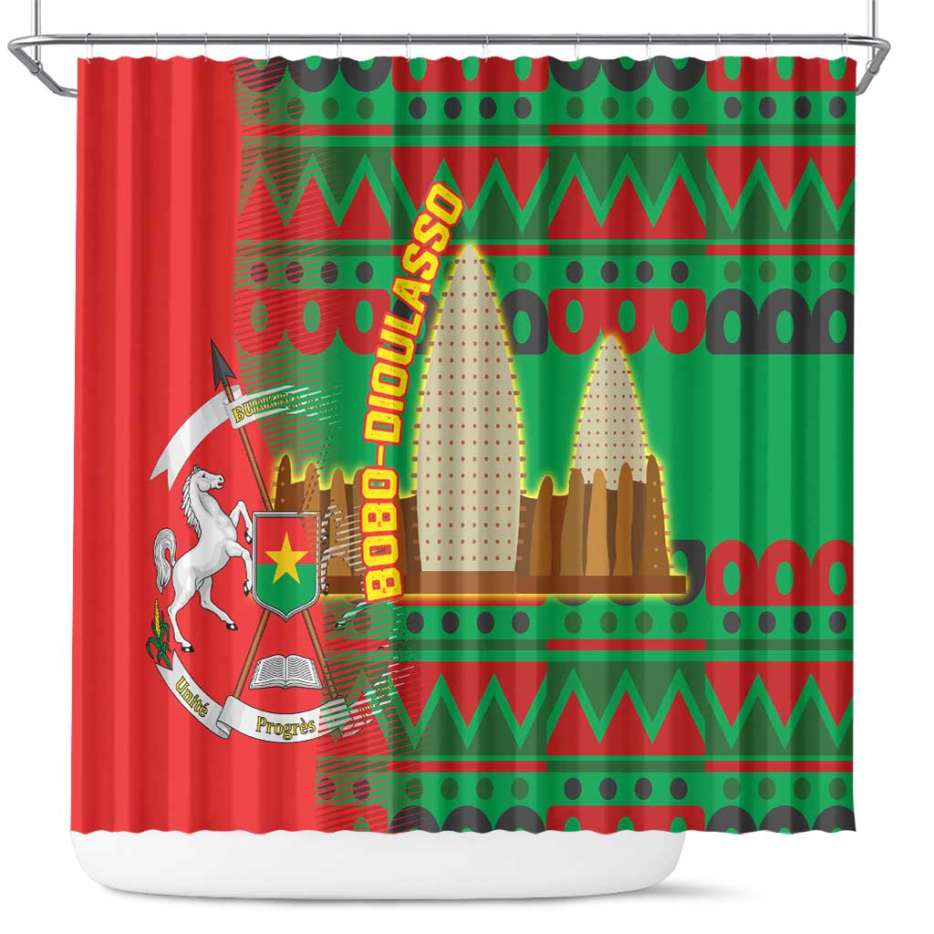 Burkina Faso Shower Curtain with Red Green Tribal Design and Bobo Dioulasso Landmark - Wonder Print Shop