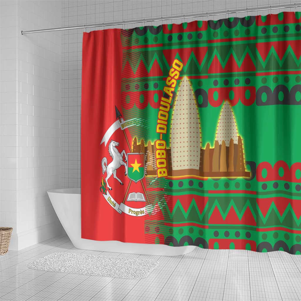 Burkina Faso Shower Curtain with Red Green Tribal Design and Bobo Dioulasso Landmark - Wonder Print Shop
