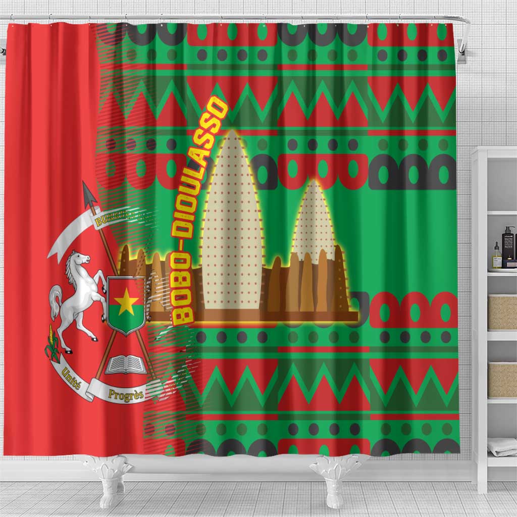 Burkina Faso Shower Curtain with Red Green Tribal Design and Bobo Dioulasso Landmark - Wonder Print Shop