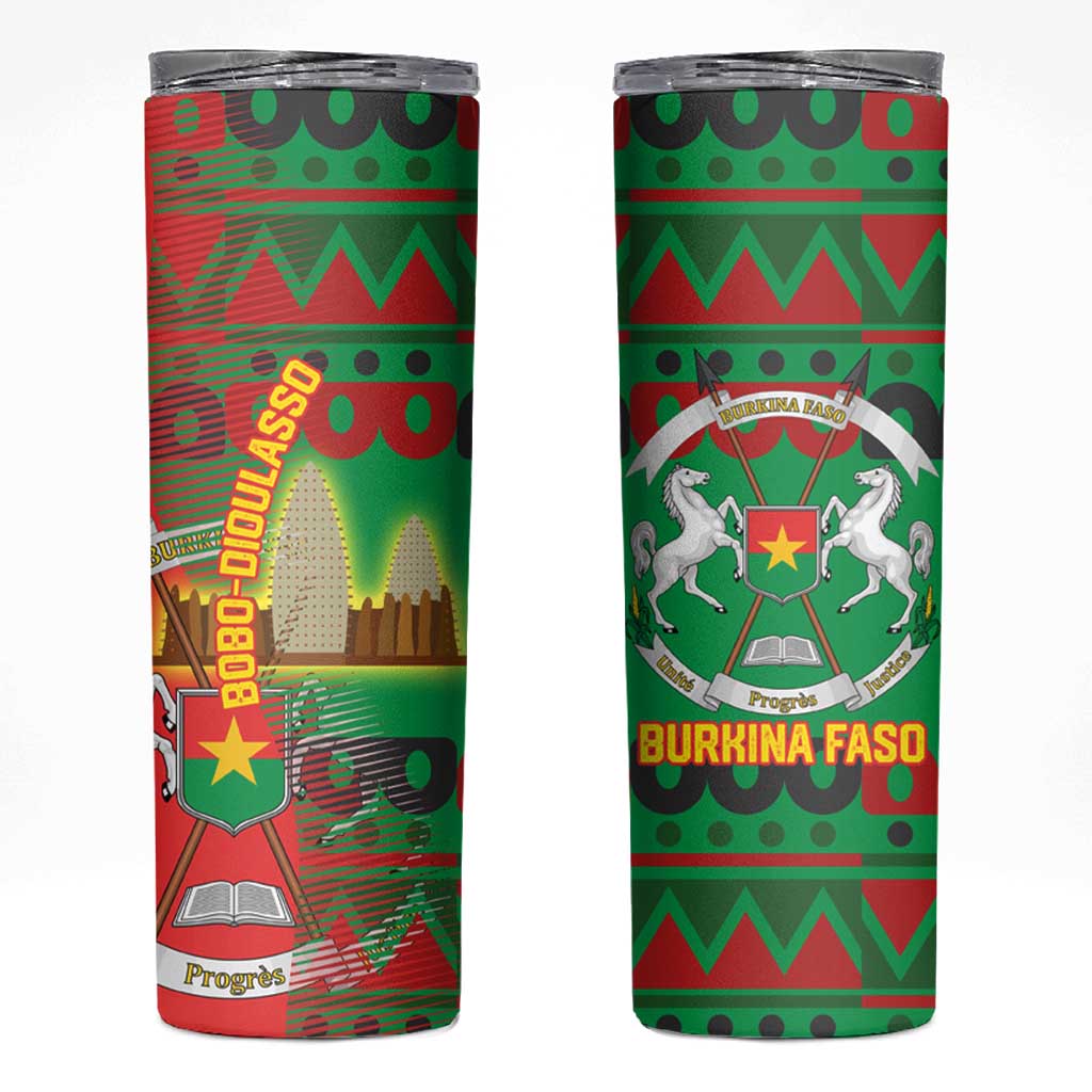 Burkina Faso Skinny Tumbler with Red Green Tribal Design and Bobo Dioulasso Landmark - Wonder Print Shop
